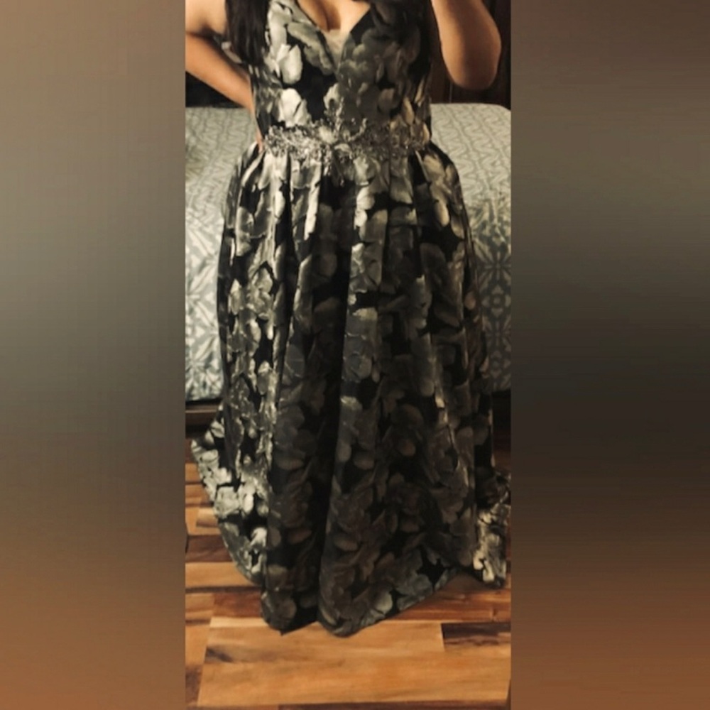 Floral Formal Dress with Silver Sequins
